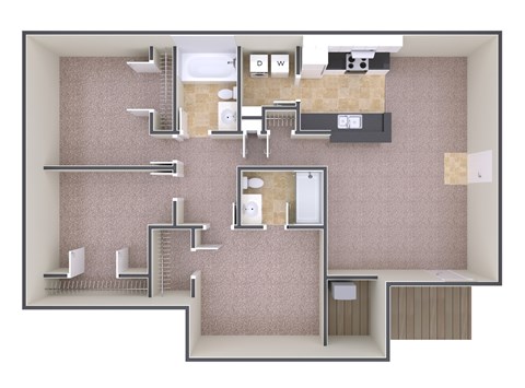 A drawing of a floor plan of a house with a kitchen, living room, and bathroom.